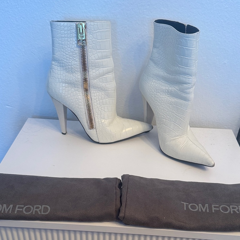 Tom Ford Ivory Croc-Embossed Heeled Boots